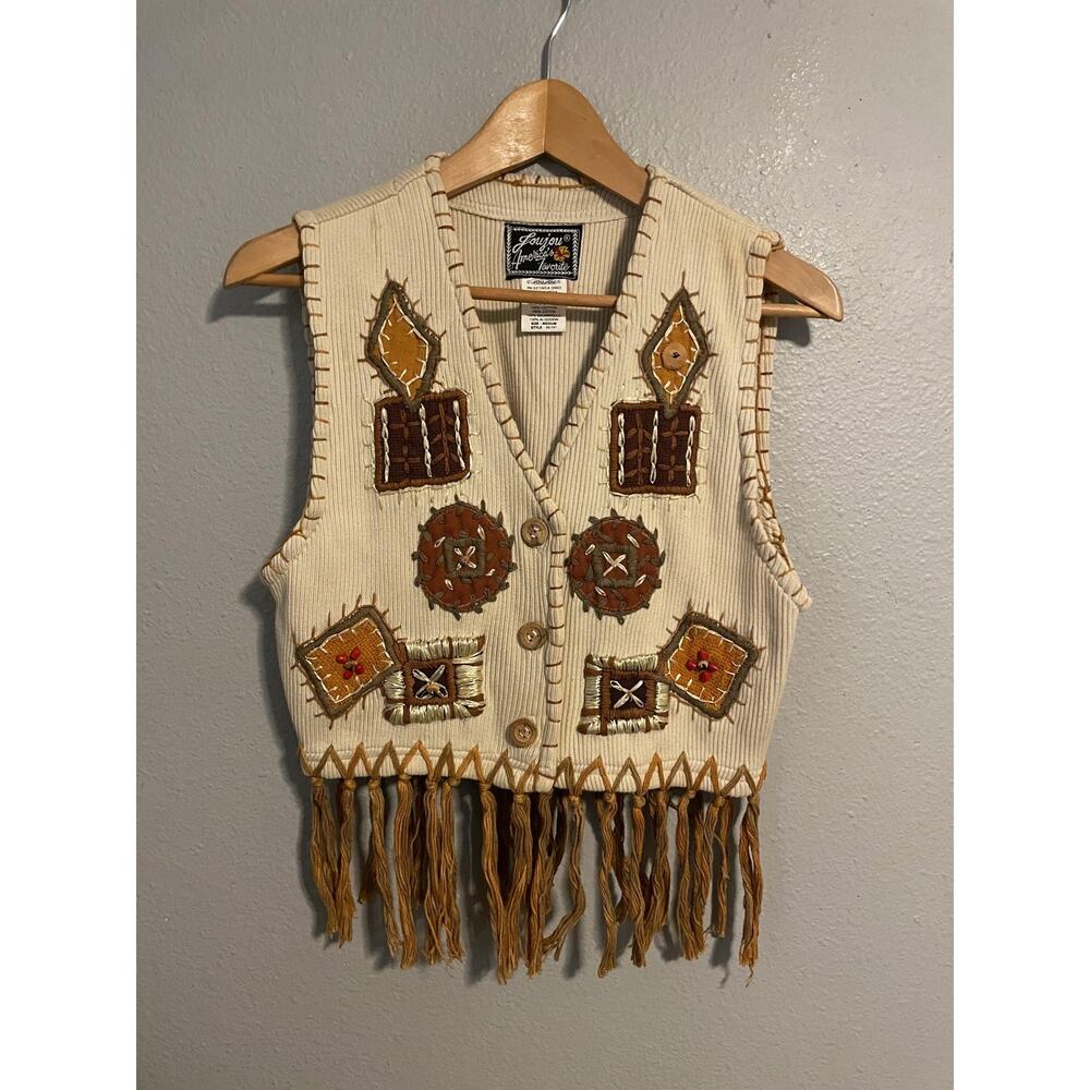 VTG Joujou Sweater Vest Womens Medium Fringe Embroidered Western Boho 90s READ